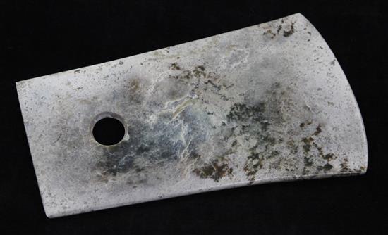 A Chinese calcified jade axe head, possibly neolithic, length 18.2cm